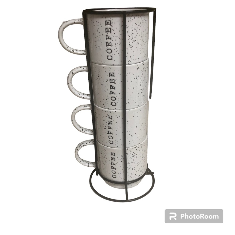 Market Finds Stackable Mug Coffee Cup 8oz Set of 4 Black White Speckled & Stand